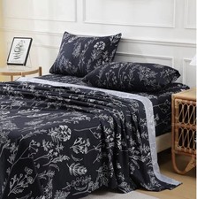 King Black Floral Sheet Set - 4pc Dark Botanical Boho Bedding - Deep Pocket