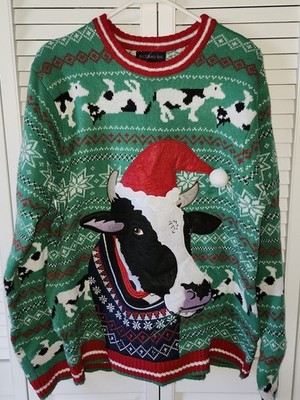 Blizzard Bay Ugly Green Christmas Sweater Size L Cow With Santa Hat Holiday NEW 