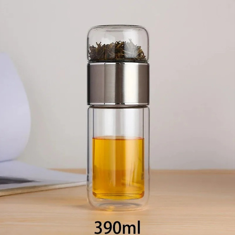 1pc 390ml Double Layer Glass Tea Water Bottle with Infuser &