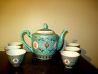 Vintage Chinese Turquoise Jingdezhen Famille Rose Teapot & 6 Cups Longevity  — photo 1