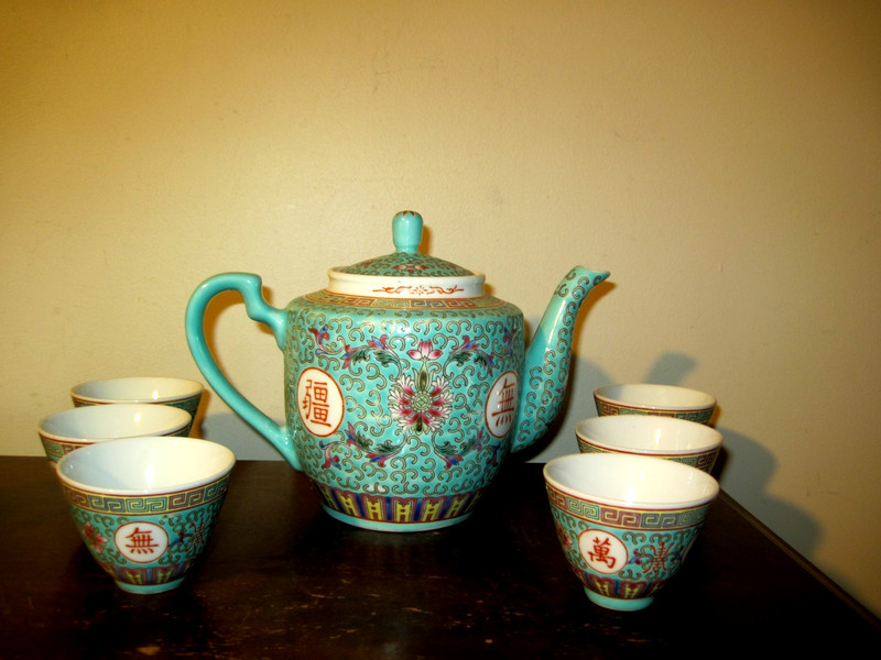 Vintage Chinese Turquoise Jingdezhen Famille Rose Teapot & 6 Cups Longevity 