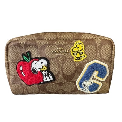 NWT Coach x Peanuts Boxy Cosmetic Case Signature Canvas Varsity Patches Snoopy