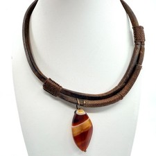 Vintage Boho Leather & Agate Pendant Necklace Earthy Statement Choker Classic
