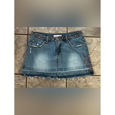 Vanilla Star Denim Mini Skirt Floral Embroidered Sequin Y2K Raw Hem Blue Size 13