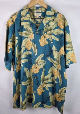 Islander Mens Hawaiian Shirt Sz XXL Teal Silk Banana Pineapple Short Sleeve Top