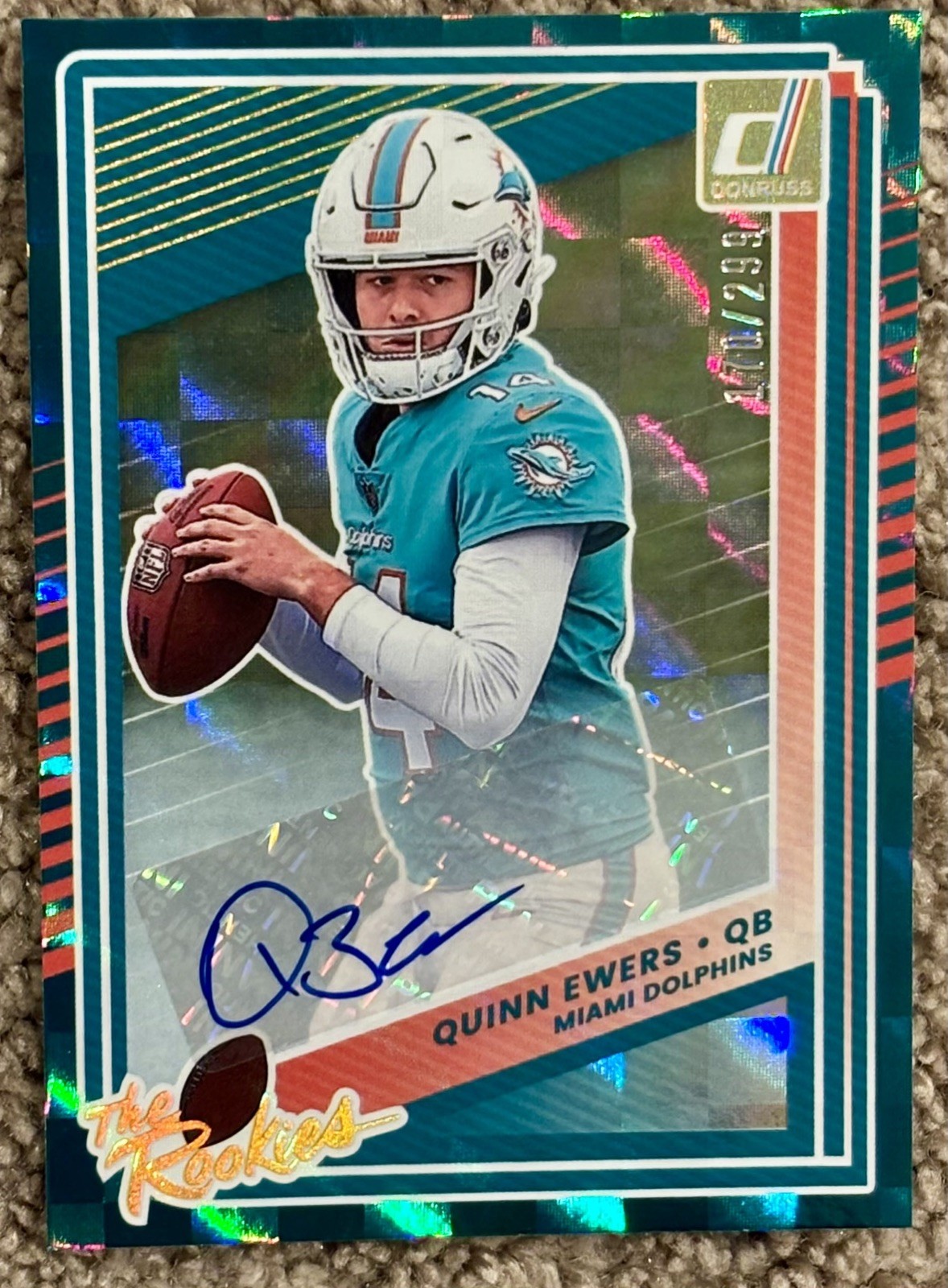 Quinn Ewers RC Auto #d/299 2025 Donruss The Rookies Auto RC Dolphins Color Match