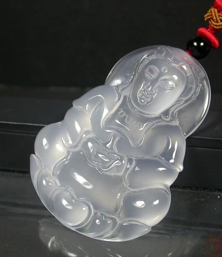 Icy White with few Yellow Natural Agate JADE PENDANT Guanyin Kwan yin 273086 US - Picture 2 of 10