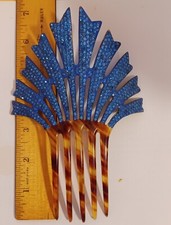 Vintage Art Deco style plastic Fan Hair Comb with Blue Rhinestones. Gorgeous 