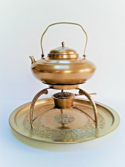 Vintage Korean Brass Teapot Kettle With Stand Burner Brazer Warmer Tray Platter Ebay