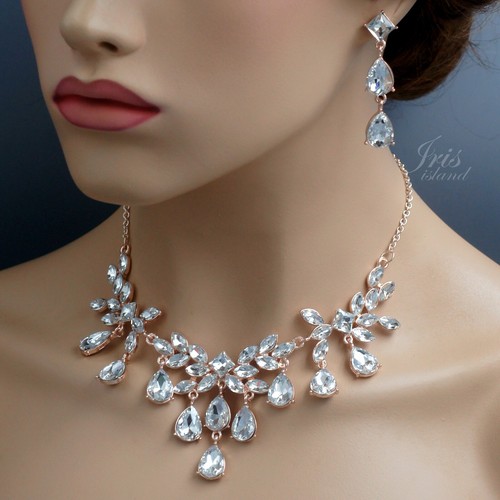 Gorgeous ROSE Gold Plated Clear Crystal Necklace Earrings Wedding Jewelry Set 86 - Picture 2 of 8
