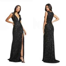 Mac Duggal Black Sequin Side Cutout High Slit Gown Size 4 $398