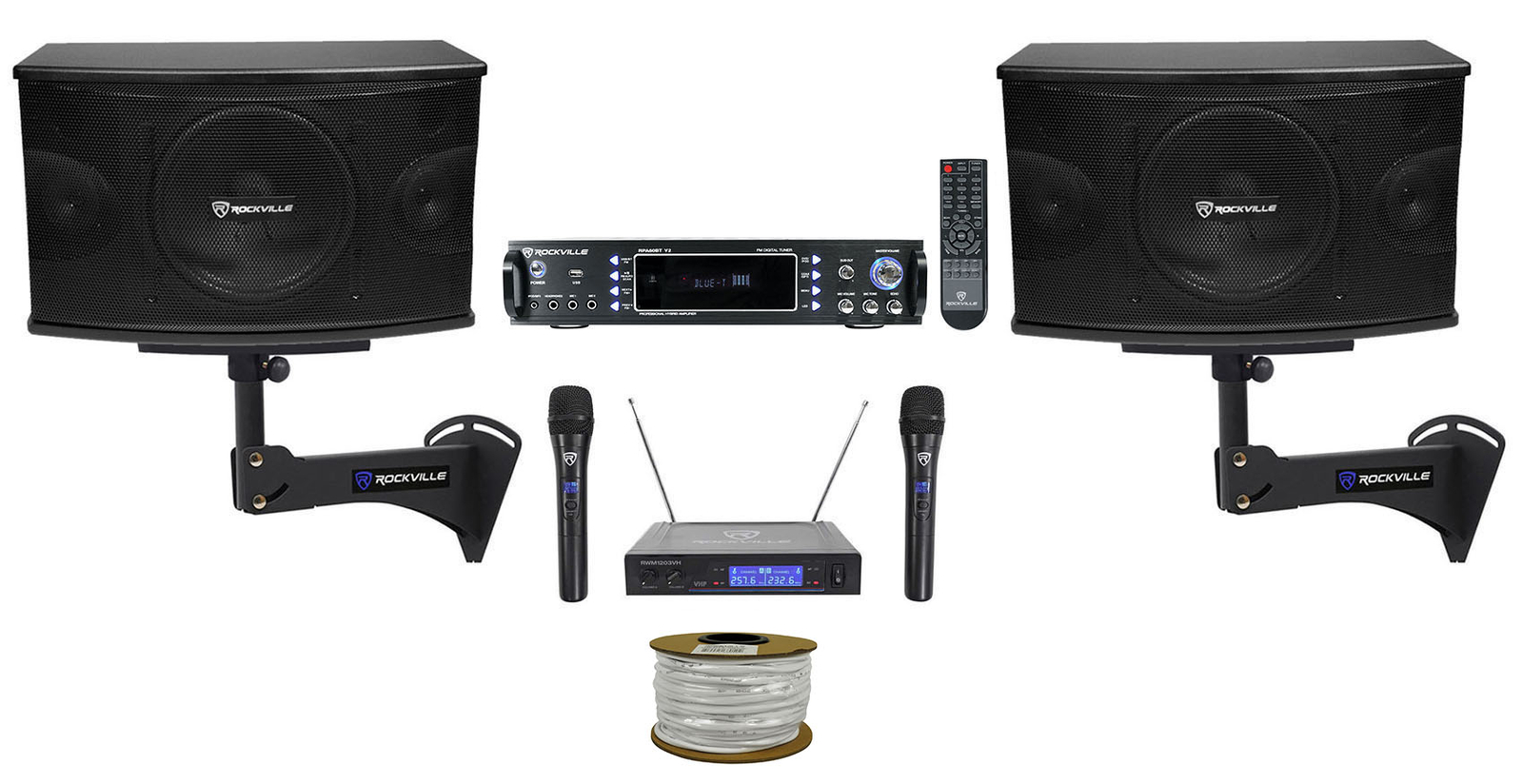 (2) Караоке-колонки Rockville KPS10+Усилитель Bluetooth+ Настенные кронштейны+2) Беспроводные микрофоны