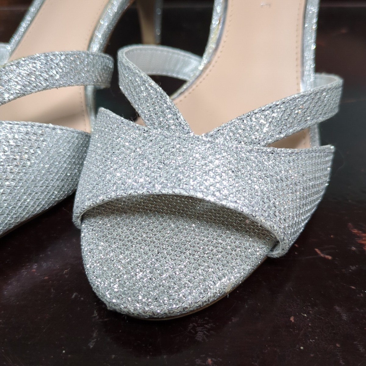 Kelly Katie Dress Silver Glittery Peep Toe High Heel Shoes Sz