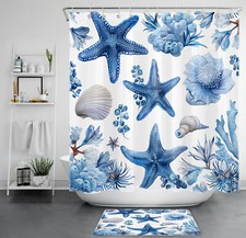 Ocean Beach Blue Seashell and Starfish Shower Curtain Set for Bathroom Decor