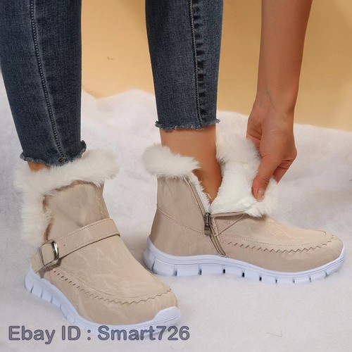 Womens Ladies Fur Fluffy Ankle Boots Winter Low Heel Warm Comftable 35-43 - 第 3/15 張圖片