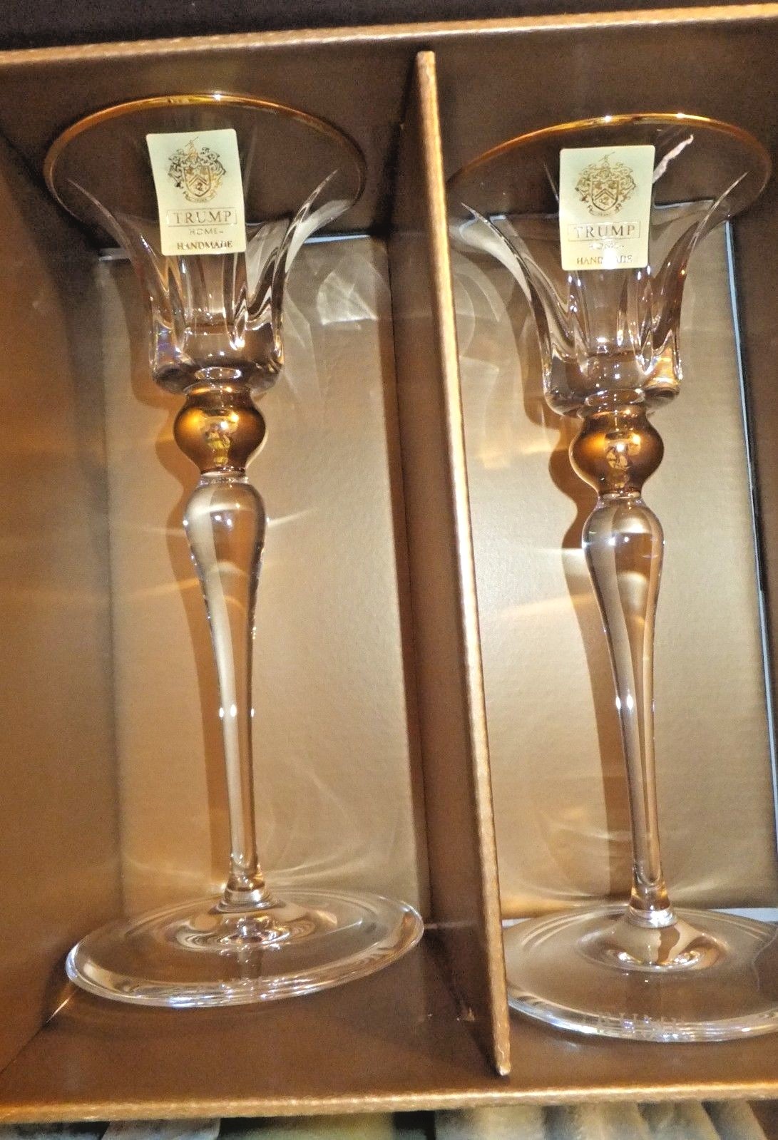 Trump Home Elmsford Tall Taper Rogaska Crystal Candle holder Pair Set