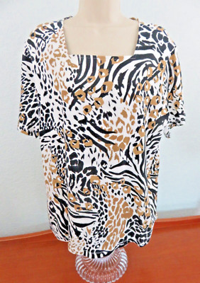 Alfred Dunner Women's Black/Brown/White Short Sleeve Pullover Top XL