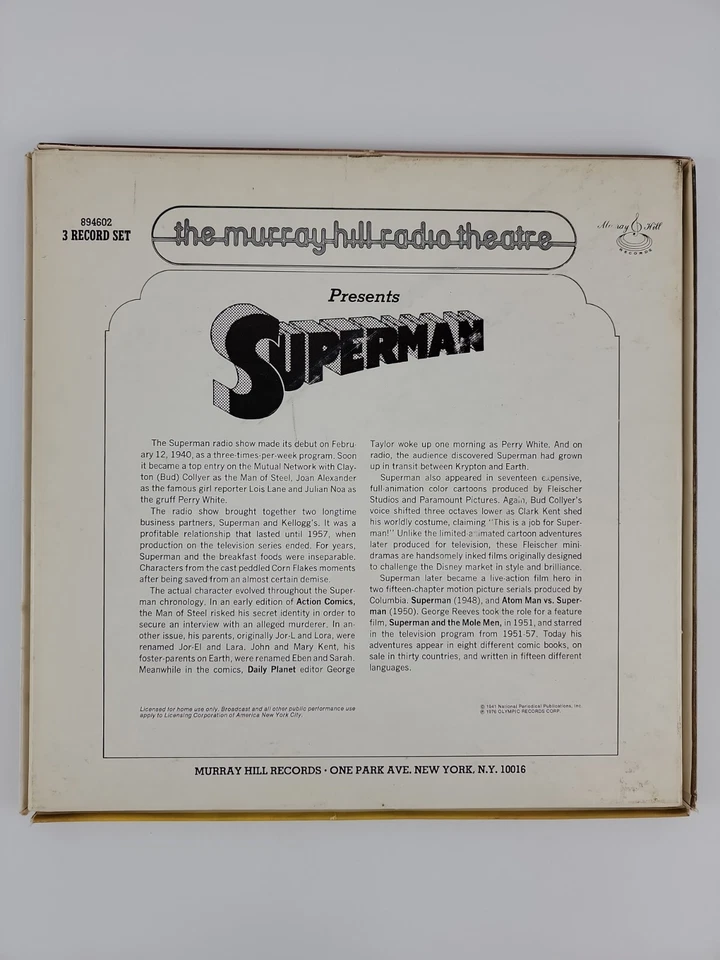 Superman 3xLP 1976 Press Murray Hill Radio Theatre 894602 EX УЛЬТРАЗВУКОВАЯ ЧИСТАЯ - Изображение 3 из 4