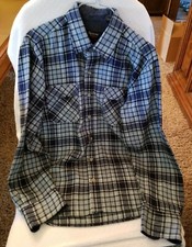 Men's Vintage Large Flannel Shirt Long Sleeves Blue  White Checked Pattern