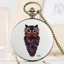 Lovely Colorful Night Owl Design Men Women Kid Quartz Analog Pocket Watch Chain