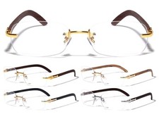SLIM RIMLESS METAL FAUX WOOD CLEAR LENS SUNGLASSES RETRO DESIGNER FASHION BUFFS
