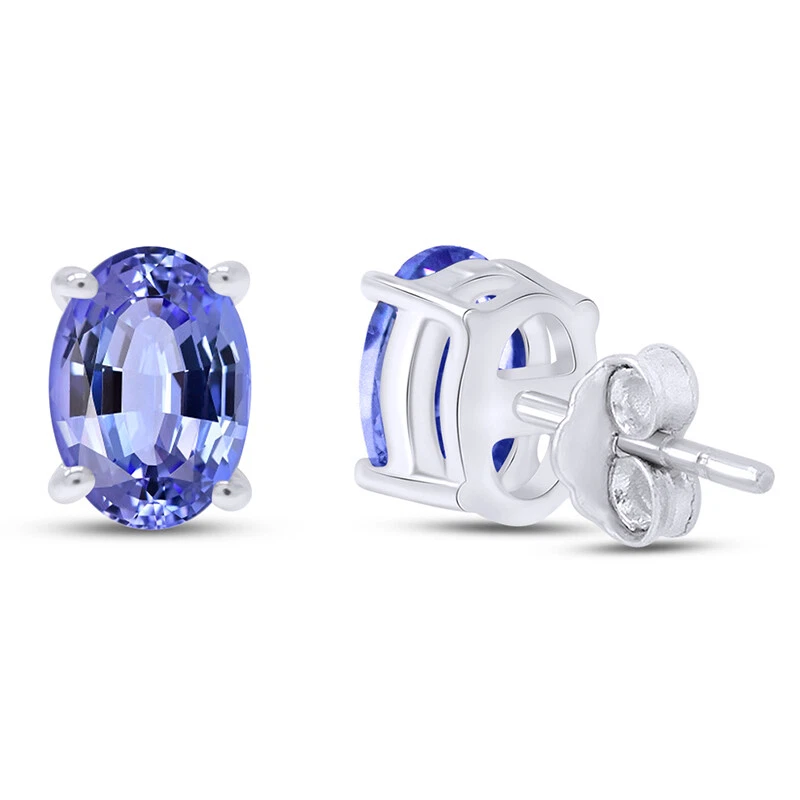 Aretes Solitarios Ovalados Simulados Tanzanita Chapados en Oro Blanco 14K Plata Foto 3 de 4