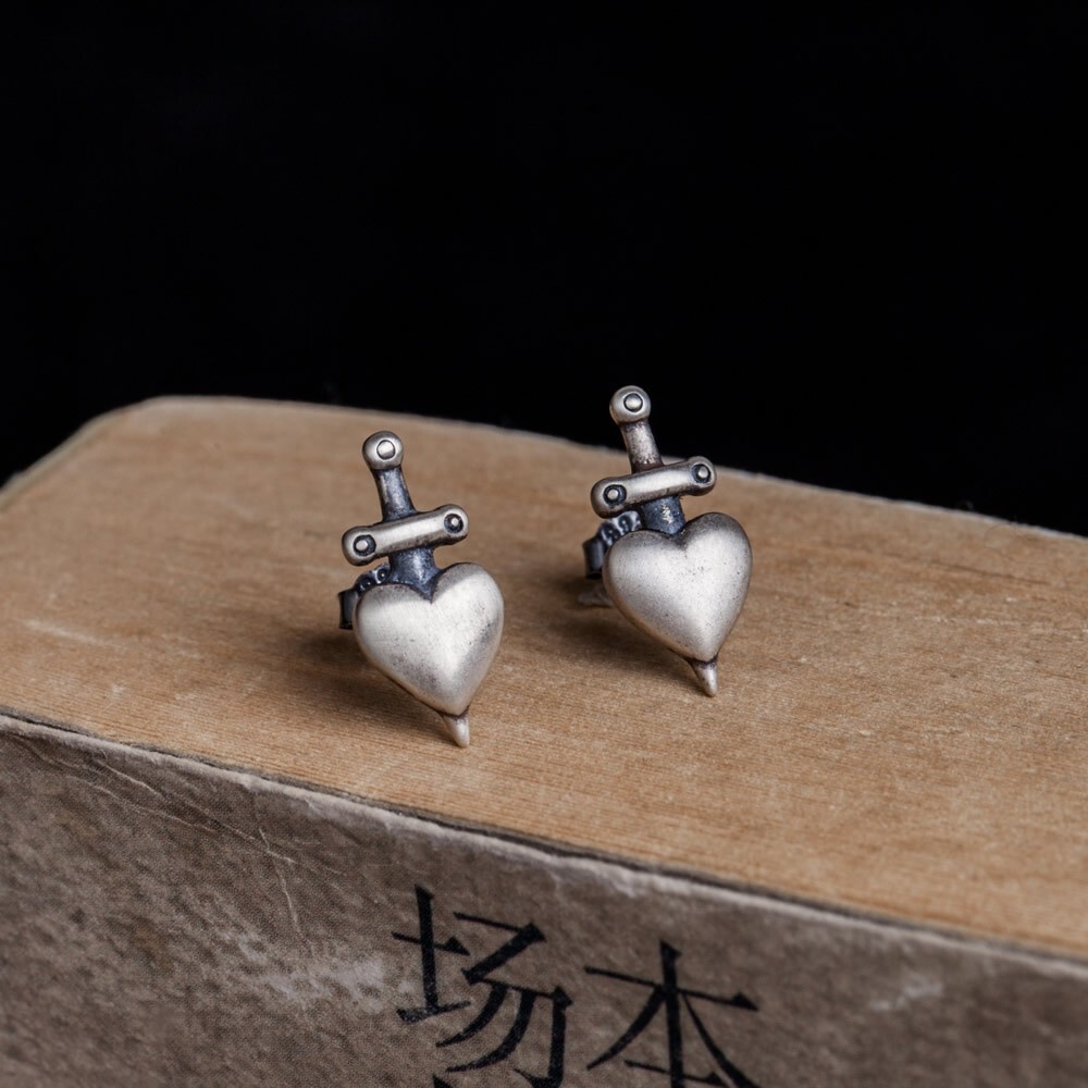 925 Sterling Silver Cross Sword Through Heart Ear Stud