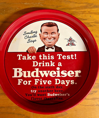 Vintage BUDWEISER serving tray Smiling Charlie Five Day Test