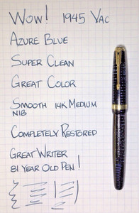Parker Vacumatic Major Azure Blue Outstanding Condition Restored