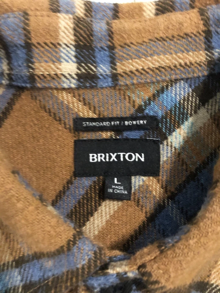 Camisa Brixton Bowery Para Hombres Talla L Marrón Azul Franela a Cuadros Tartán Cabincore Grunge Foto 3 de 4