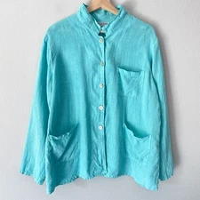 Match Point Linen Button Up Shirt L Aqua Blue Pockets Long Sleeve LagenLook Top