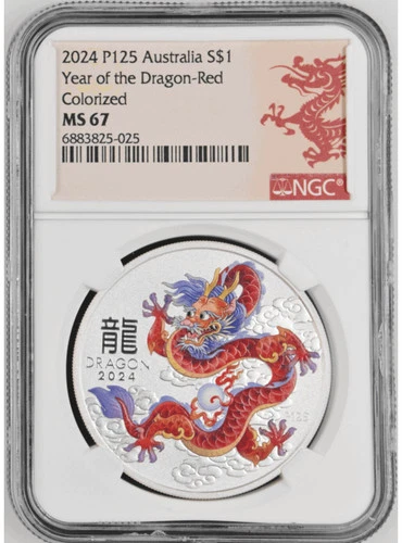 2024 Australia Lunar Series III Red Dragon 1 oz Silver Colorized Coin NGC MS 67