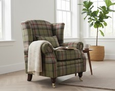 Fireside Armchair Fabric High Back In Green Living Room Lounge Tartan Brand New