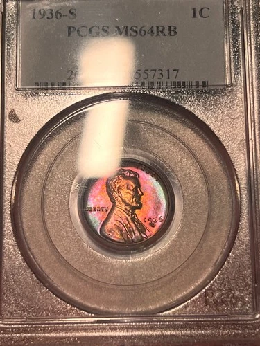 1936-S 1c Lincoln Wheat Cent PCGS MS 64 RB CAC Rainbow Toned #1171