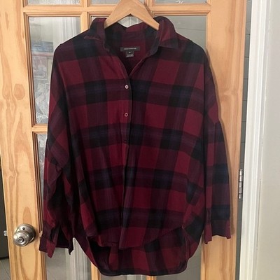 French Connection Wine Burgundy Plaid Button Down 100% Cotton Shirt