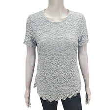 Women's Lined Lace Overlay Blouse Top Small Size Blue Short Sleeves Dressy Top