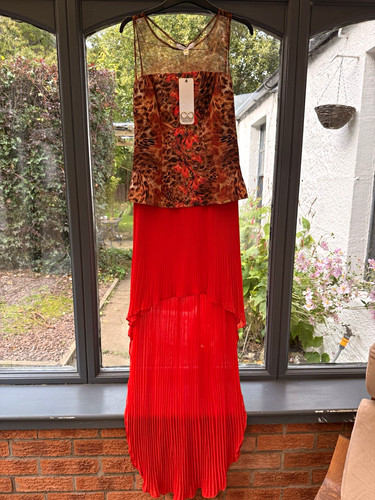 Waggon Paris Women’s Maxi Dress Sleeveless Sweetheart Animal Print Pleated Long