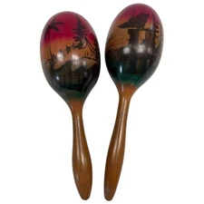 Vintage Mexican Hand Painted Wooden Maracas 1960s Folk Art 9" & 8.5"