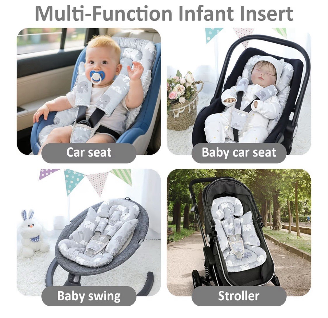 Infant Car Seat Insert, Baby Seat Head and Body Support Newborn, Gray, Elephants