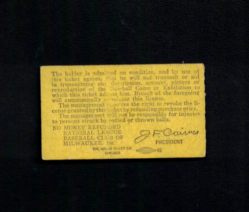 1960 Milwaukee Ticket Stub: Cubs' Banks HR, Aaron RBI w/Free Shipping - Afbeelding 2 van 2