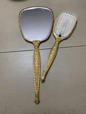 VTG Gold Plated Hand Mirror and Hair Brush Set