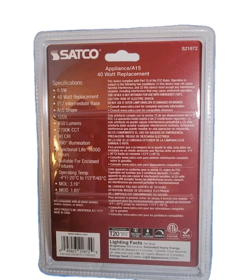 7-2 Pack Satco S21871 LED Filament 120V 5.5W =60W A15 Candelabra E12 Clear 2700K - Image 4 of 4