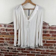 Raquel Allegra Shirt Womens 2 Ivory V Neck Satin Trim Frayed Hem Made in USA