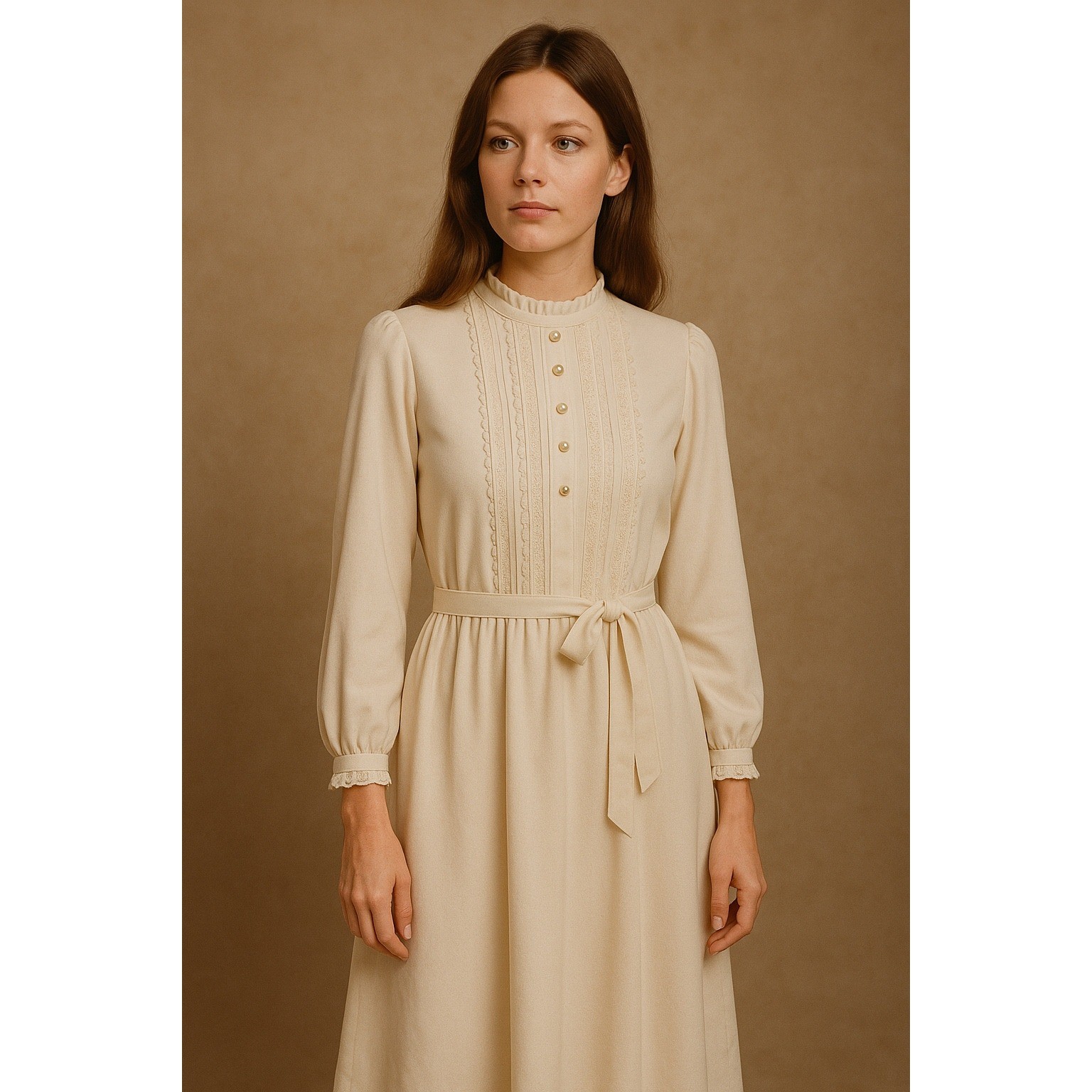 JC Penney Fashion Dress Womens Size Medium Ivory Ruffle Lace Pleated Long Sleeve