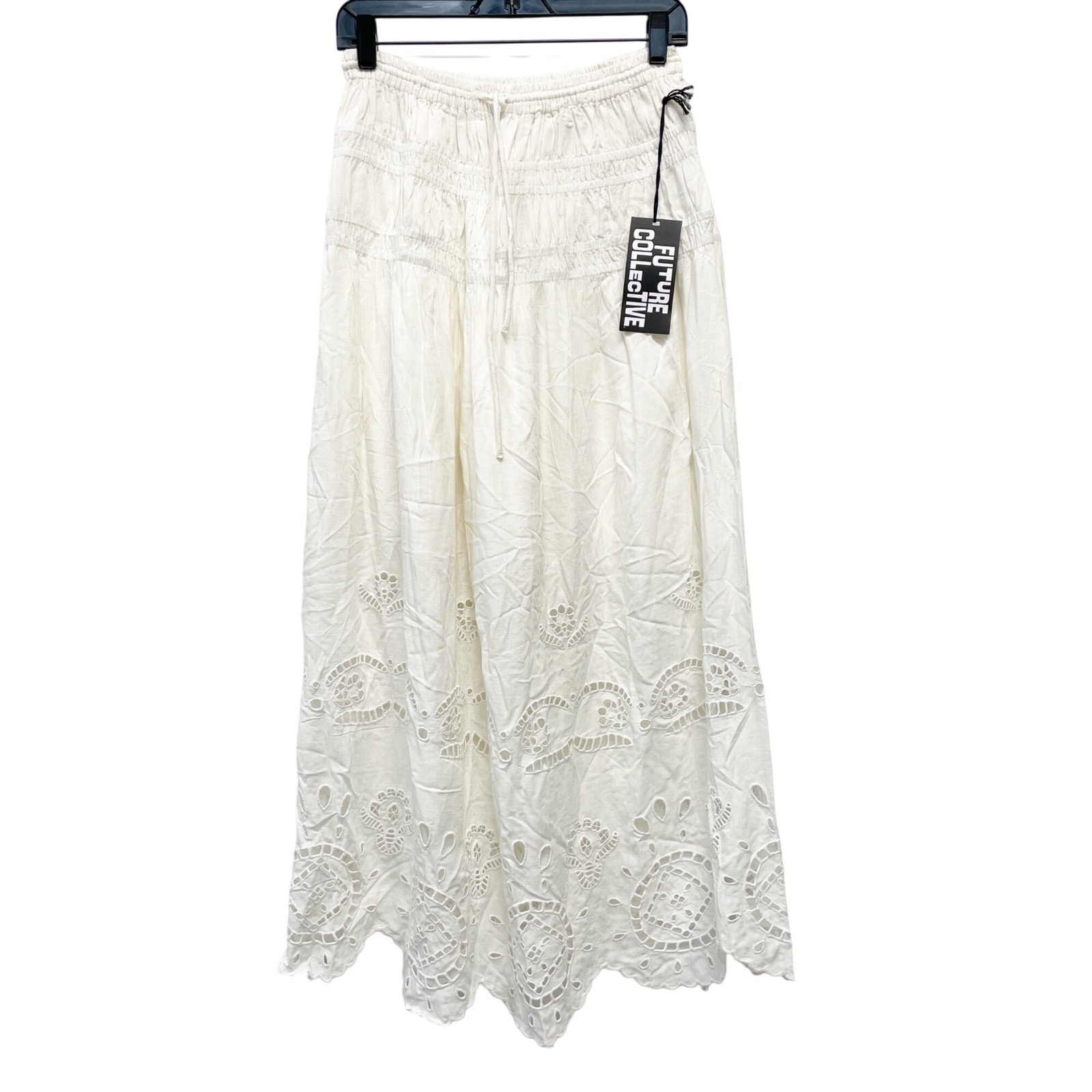 Future Collective High Rise Embroidered Eyelet Drop Waist A Line Skirt Cream M