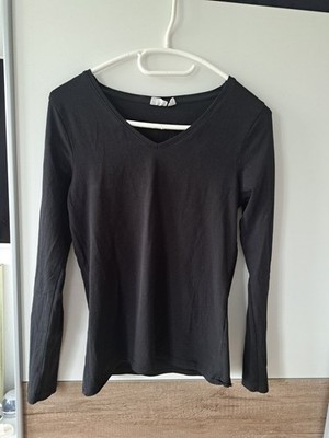 Basic Oberteil V-Ausschnitt Langarmshirt Gr 36 Schwarz Bio Baumwolle