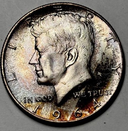 1964 50c Kennedy Half Dollar - Neon Rainbow Toning - GEM BU