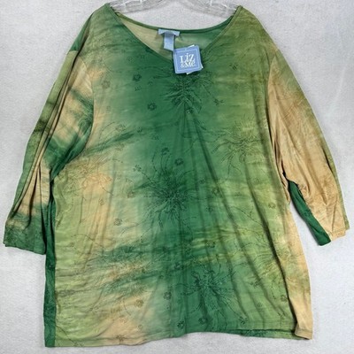 Liz & Me Green Tie Dye Glitter Floral V-Neck Top 3/4 Sleeve Plus Size 2X 22/24W
