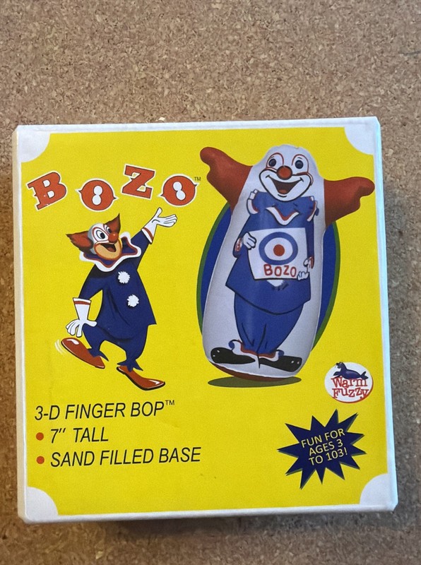 Bozo the Clown NIB 3D Finger Bop Toy 7”  Sand Filled Base Vintage Warm Fuzzy Toy