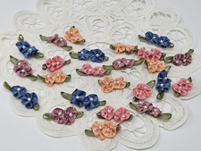 24 VTG Mini Satin Ribbon Double Flowers Pearl Bead Center Sewing Trims Appliques